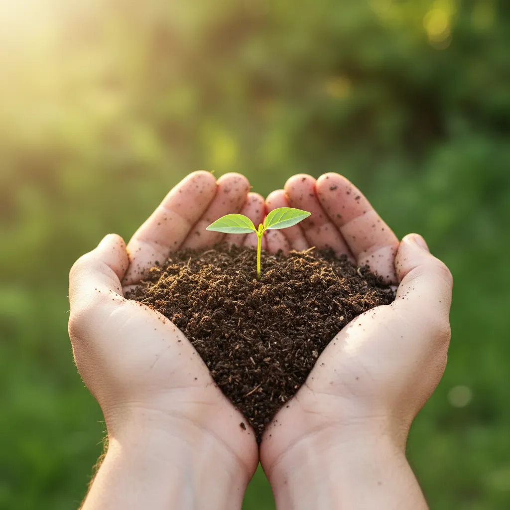 Manos sosteniendo tierra fértil con un brote